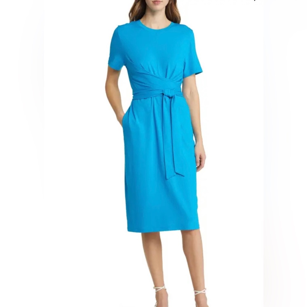 NEW Nordstrom Signature Tie front short sleeve MIDI Dress with pocket S